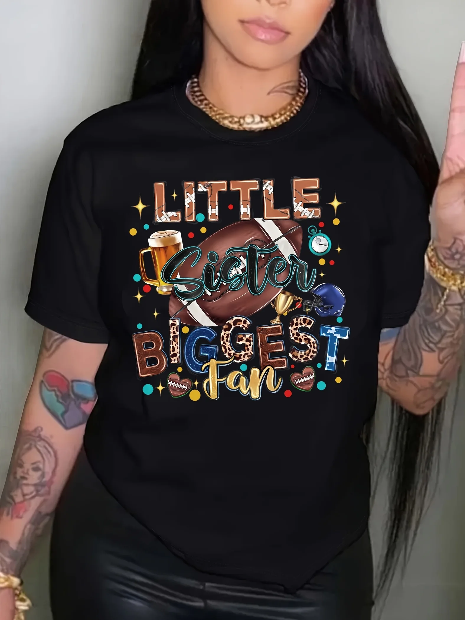 

Football & Letter Print Crew Neck T-Shirt, Casual Short Sleeve T-Shirt For Spring & Summer, Women's Clothing shirts
