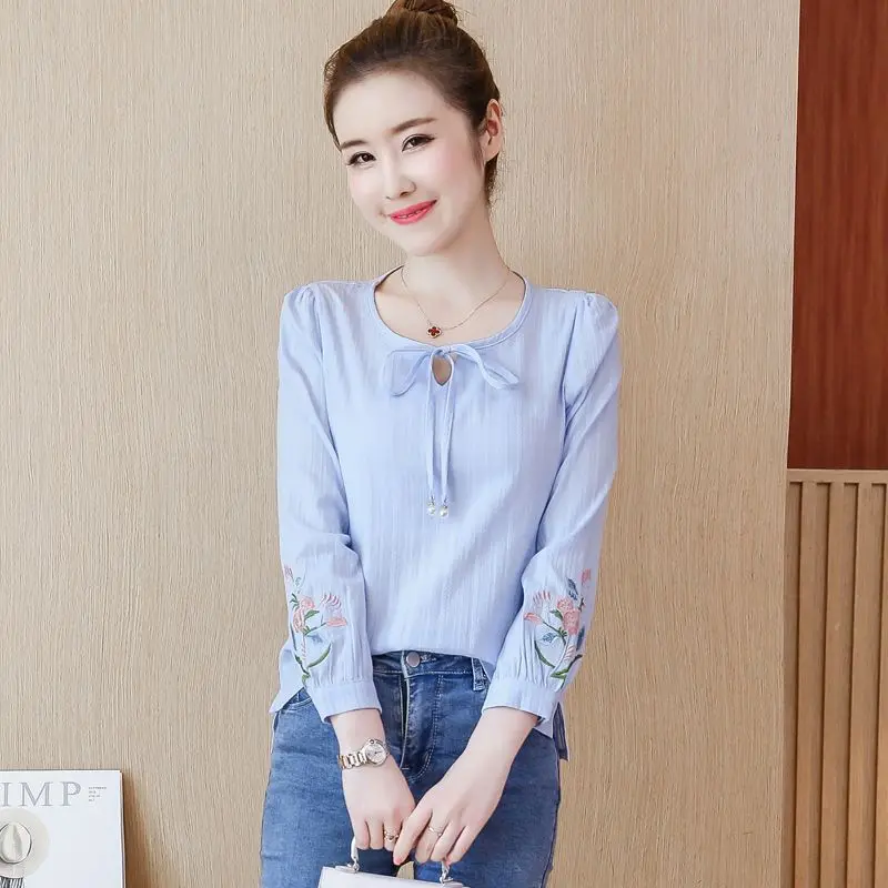 

Spring/Summer New Cotton Long Sleeved Shirt Women's Korean Embroidery Blouse Top Loose Bottoming T-shirt 4XL