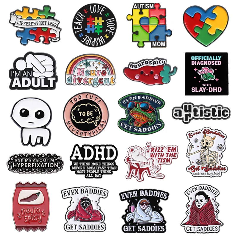 Autismus ADHS Emaille Pin Neurospicy Autistische Bewusstsein Puzzle Mental Health Broschen Revers Rucksack Abzeichen Schmuck Geschenk für Freunde