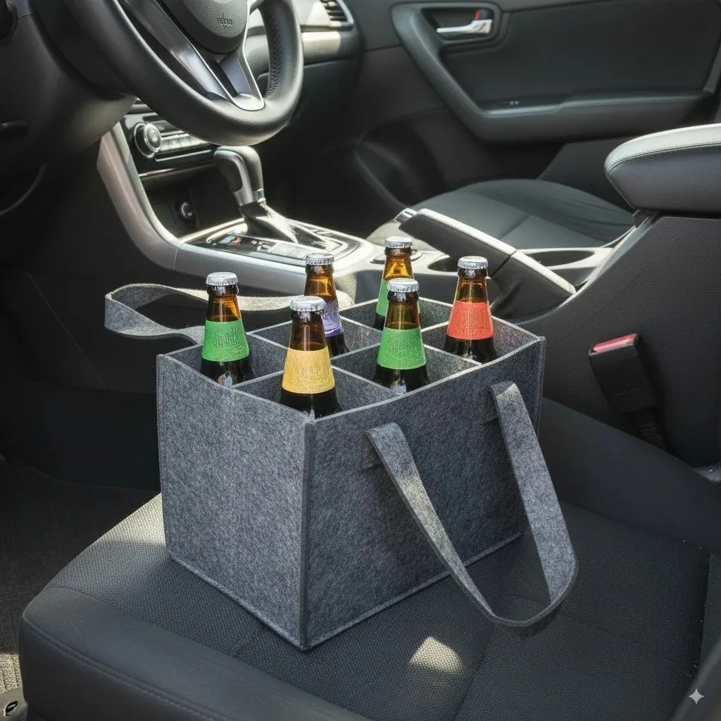6 Bottles Felt Beer Beverage Holder Bag Protective Beer Storage Basket Washable with Carry Handle Car Beer Bottle Carrier