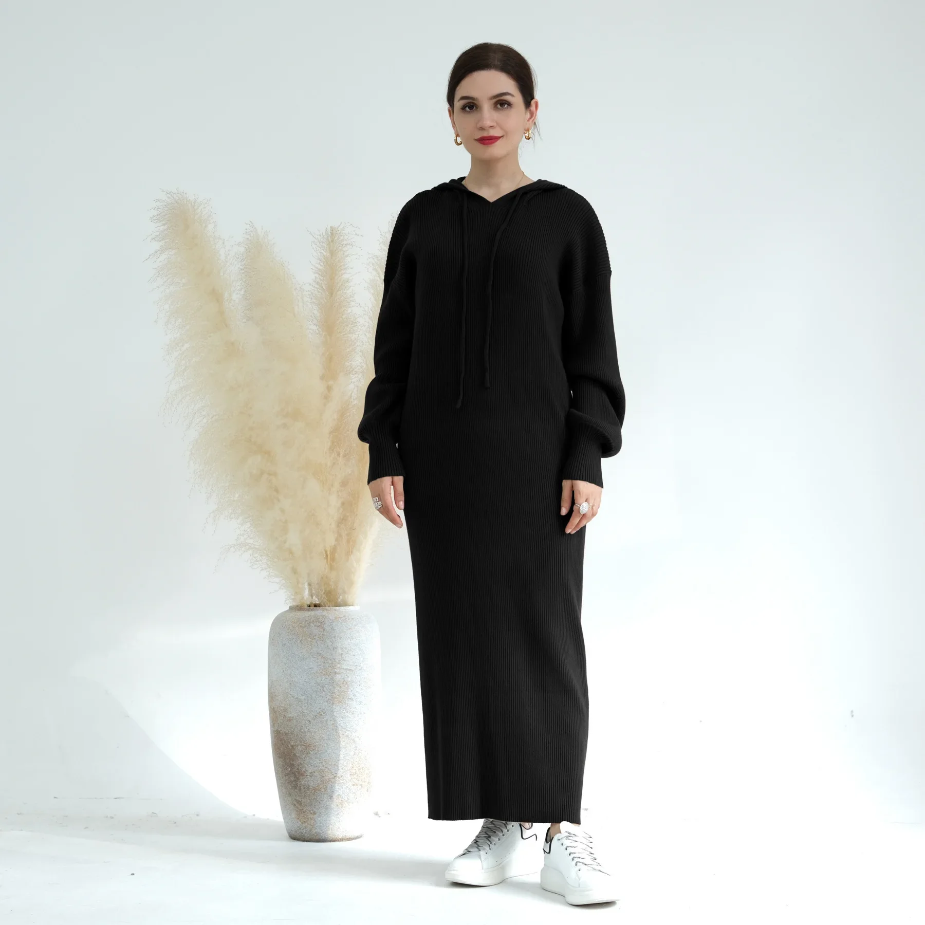 Hooded Sweater Muslim Dress Winter Knitted Abaya for Women Long Sleeve Robe Dubai Turkey Autumn Dresses Islamic Clothing Kaftan