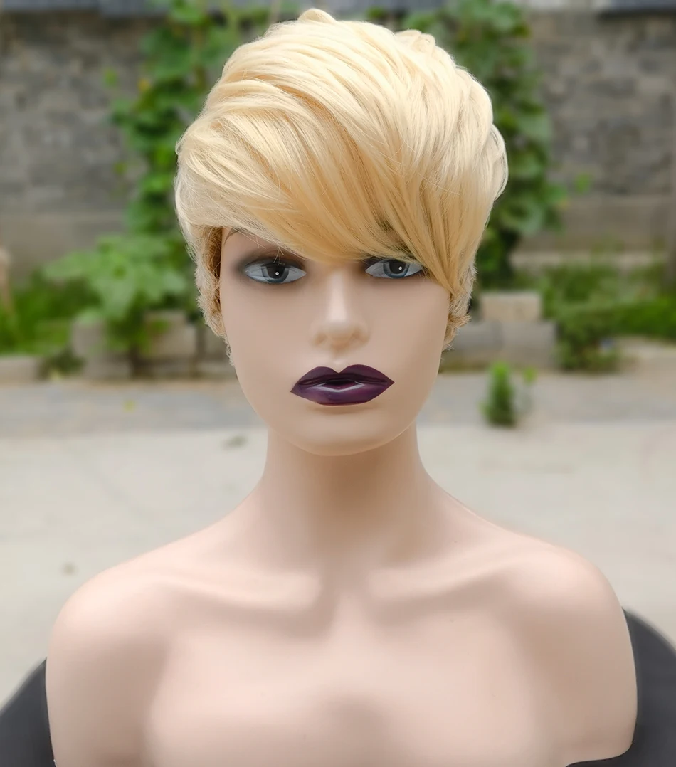 BeiSDWig Synthetic Blonde Wig Short Pixie Cut Wig with Blonde Bangs 2 Tones Haircuts Natural Women Wig