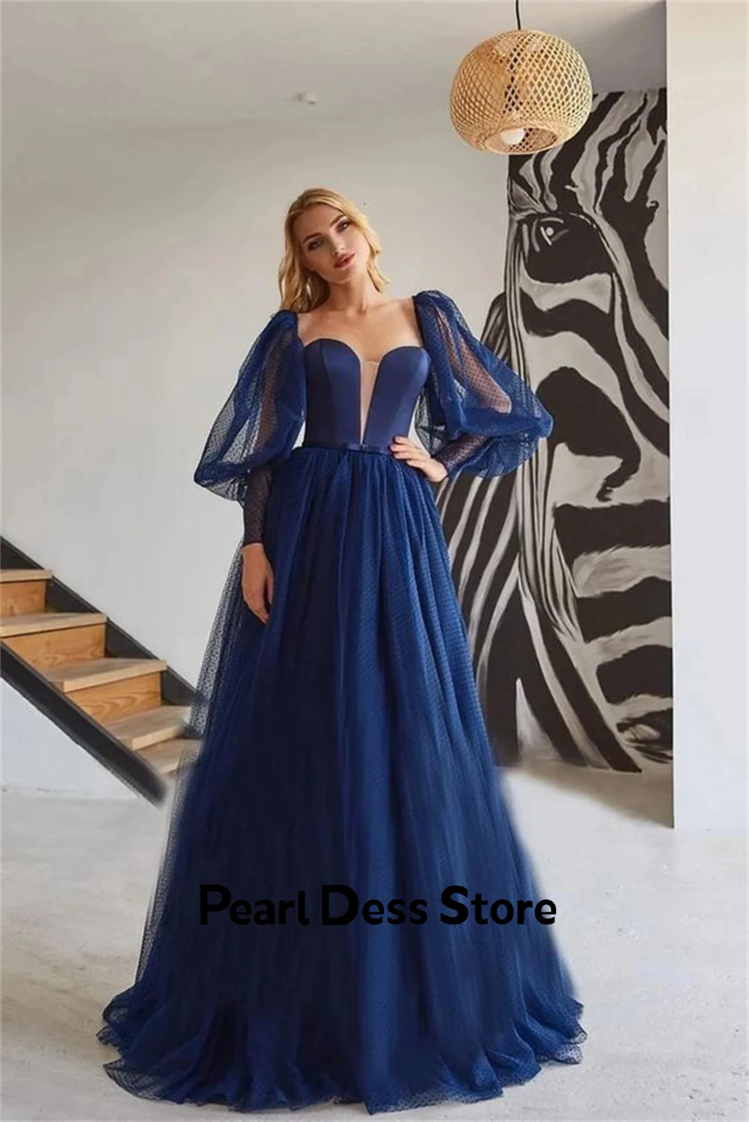 

Navy Blue Luxury Evening Dress 2024 Elegant Women's Evening Dress Line A Evening Dress Women's Bubble Sleeve Party