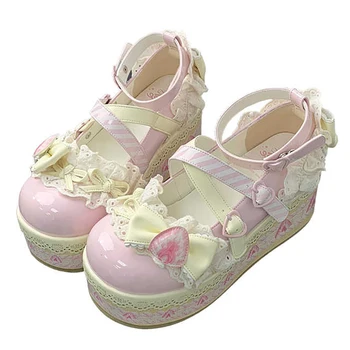 Sweet Girls Lolita Flat Platform ,Female Students Lace Strawberry Bowknots Cute Marry Jane Elevator Shoes 1