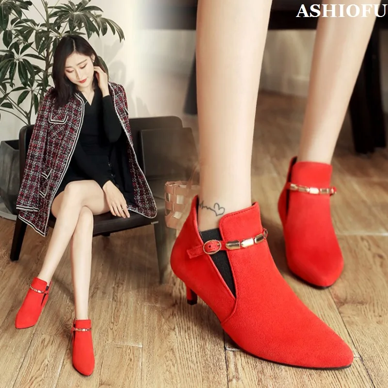 

ASHIOFU Handmade New Hot Sales Ladies Low-heels Ankle Boots Buckle Strap Large Size 34-47 Booties Evening Fashion Party Shoes