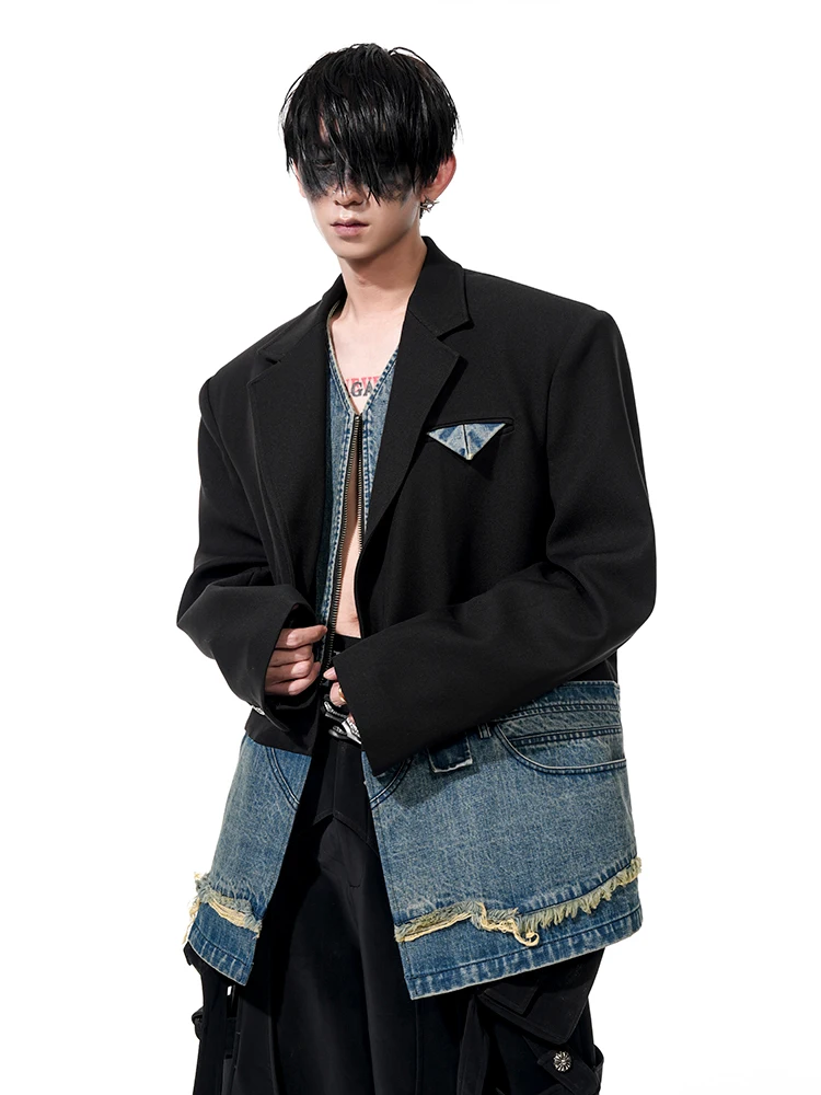 Male Niche Design Tailored Coats Personality Faux Two-piece Spliced Denim Blazers Male Handsome Long-sleeve Suit Jackets
