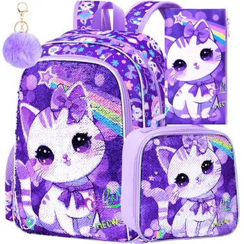 16" Cat Backpack for Girls, 3Pcs Kids Preschool Bookbag, Cute Water Sequin Resistant School Bag for Teen Kindergarten Toddler (P 1