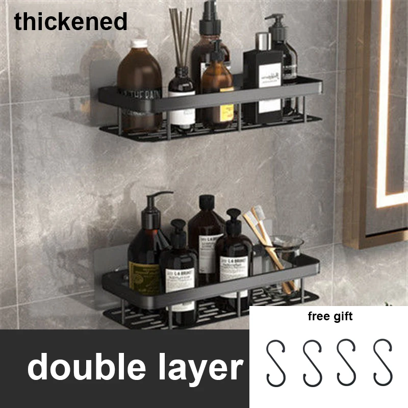 VILOYI Shower Shelf Thickened Space Aluminum Bathroom Shelves Black Gold Self  Adhesive Wall Mounted Square Shampoo Storage Racks - AliExpress