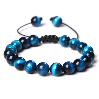 쿨 로얄 블루 타이거 아이 팔찌, 천연석 타이거 아이 페르시 팔찌 Pulsera Hombre 남자 조절 가능한 짠 로프 팔찌