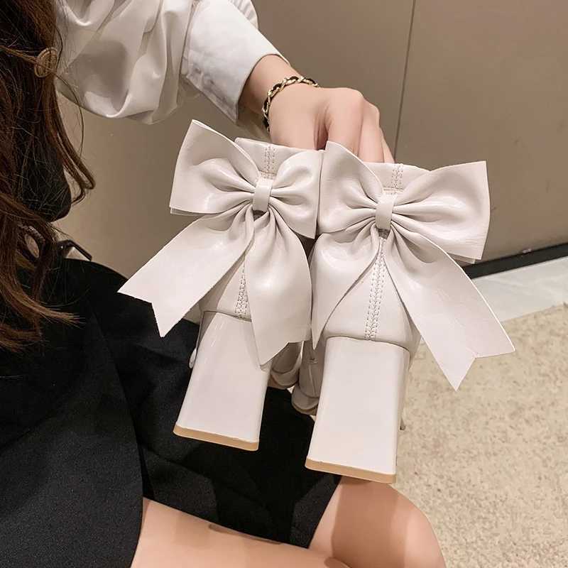 

2023 New Butterfly-Knot Chelsea Boots Ankle High Heels Shoes Winter Women Shoes Sexy Pumps Platform Goth Motorcycle Snow Botas