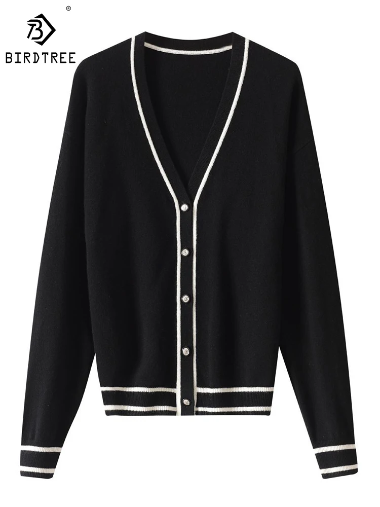 

Женский свитер-кардиган из 100% овечьей шерсти с v-образным вырезом в полоску, жаккардовый простой удобный мягкий вязаный свитер на осень и зиму T30846QD