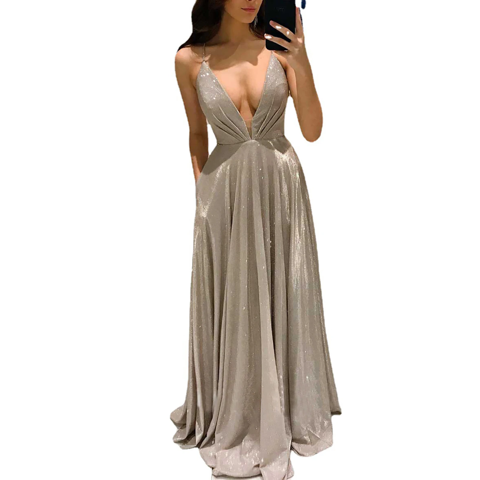 

Women's Summer Dresses Spaghetti Strap V-neck Sparkling Long Dress for Birthday Stage Show Dress up