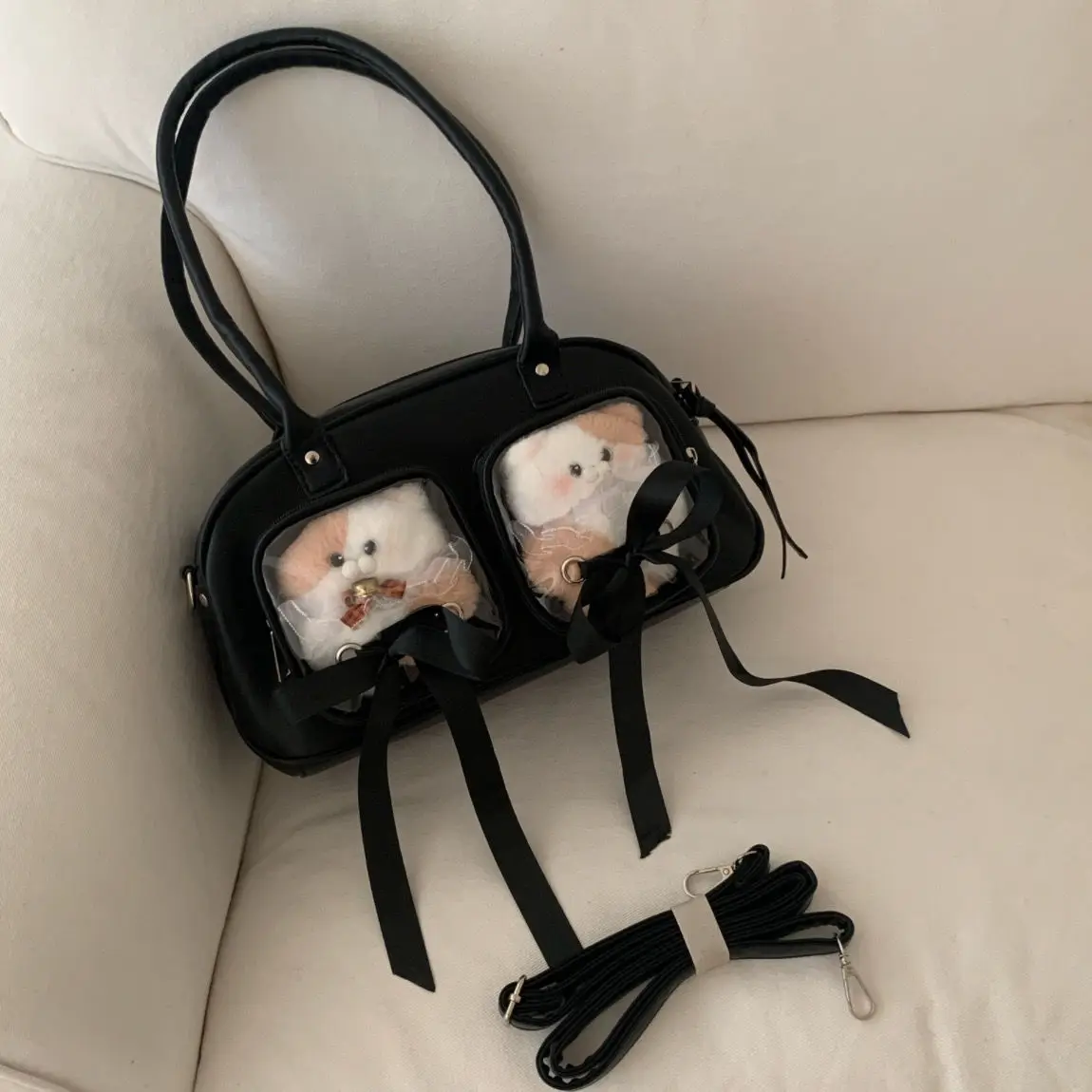 JIAERDI Harajuku Pink Bowling Bag Purse Women Sweet Cute Bow Silk Ribbon Ita Bag Wallet Ladies Transparent Shoulder Bags Handbag