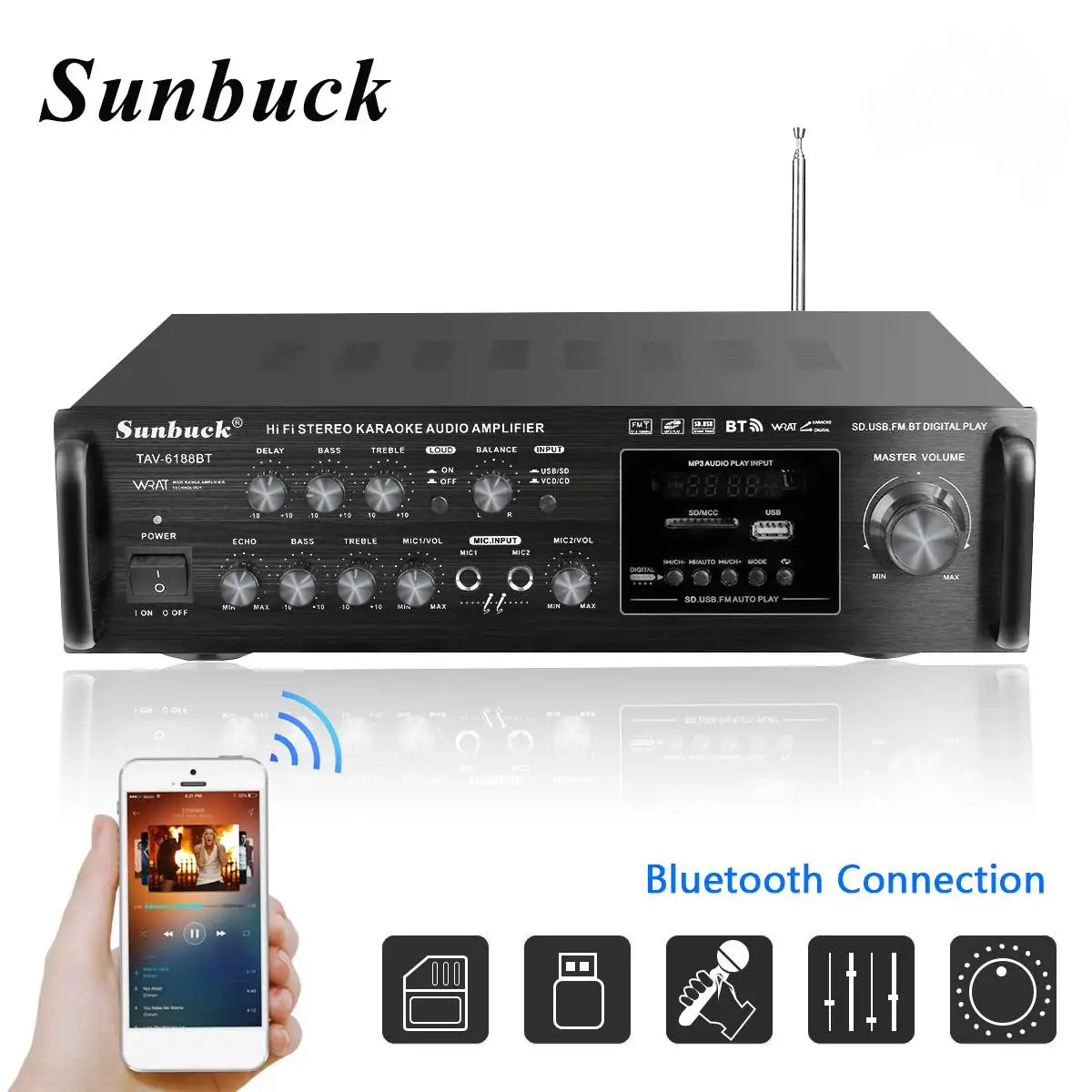 NEW 2500W max bluetooth 2 Channel Power Amplifier HiFi Stereo Speaker Amp Support FM Radio 2Mic USB SD Card Input 336BU 12V 220V 