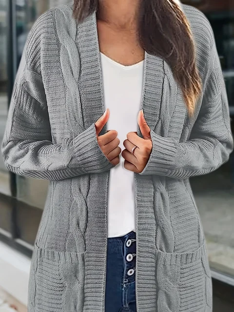 Solid Cable Knit Cardigan, Casual Open Front Long Sleeve Sweater, Women's 1