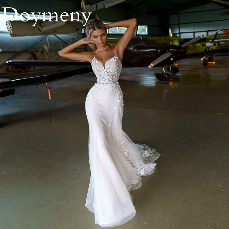 

Doymeny Mermaid Applique Wedding Dress Sexy V Neck Spaghetti Straps Slim Sleeveless Court Train Simple Robe De Mariee