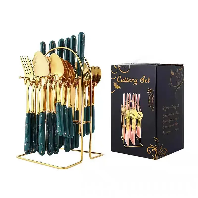 Amazon Cross-Border Marble 24-Piece Set Gift Box Dining Tableware Rack Plastic Handle Stainless Steel Knife Fork Spoon Nordic St