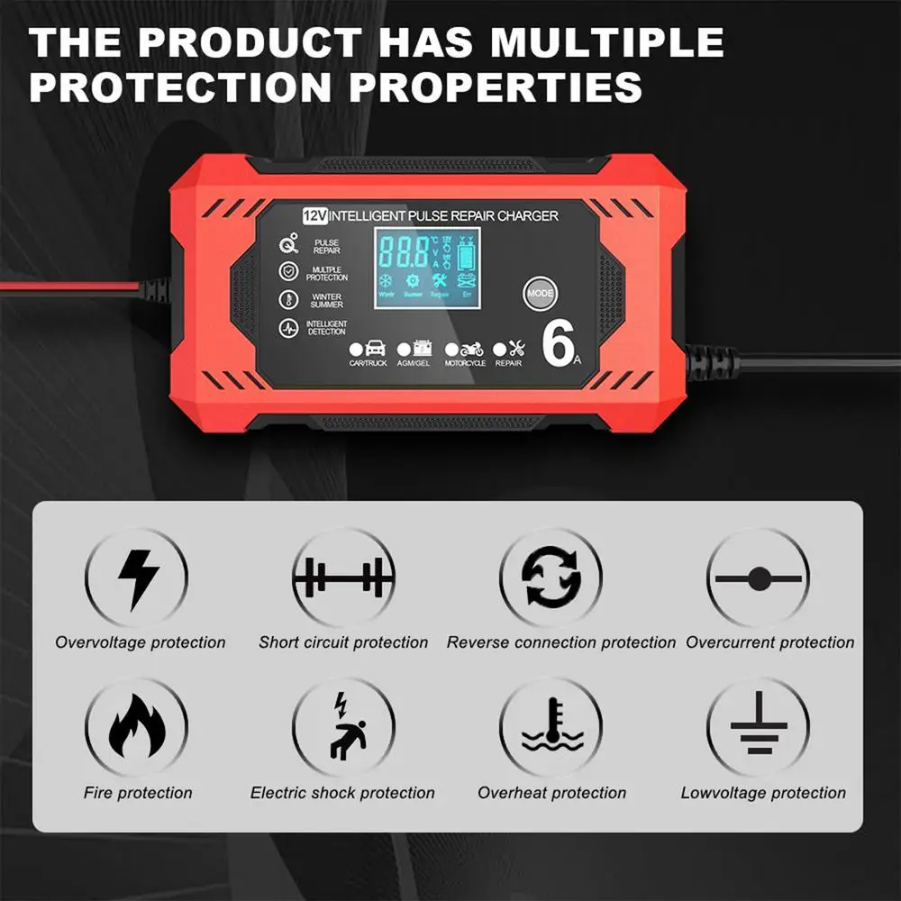 Car Battery Charger 6A 12V Car and Motorcycle Battery Charging Device Lead-acid Battery Smart Repair LCD Display auto tools