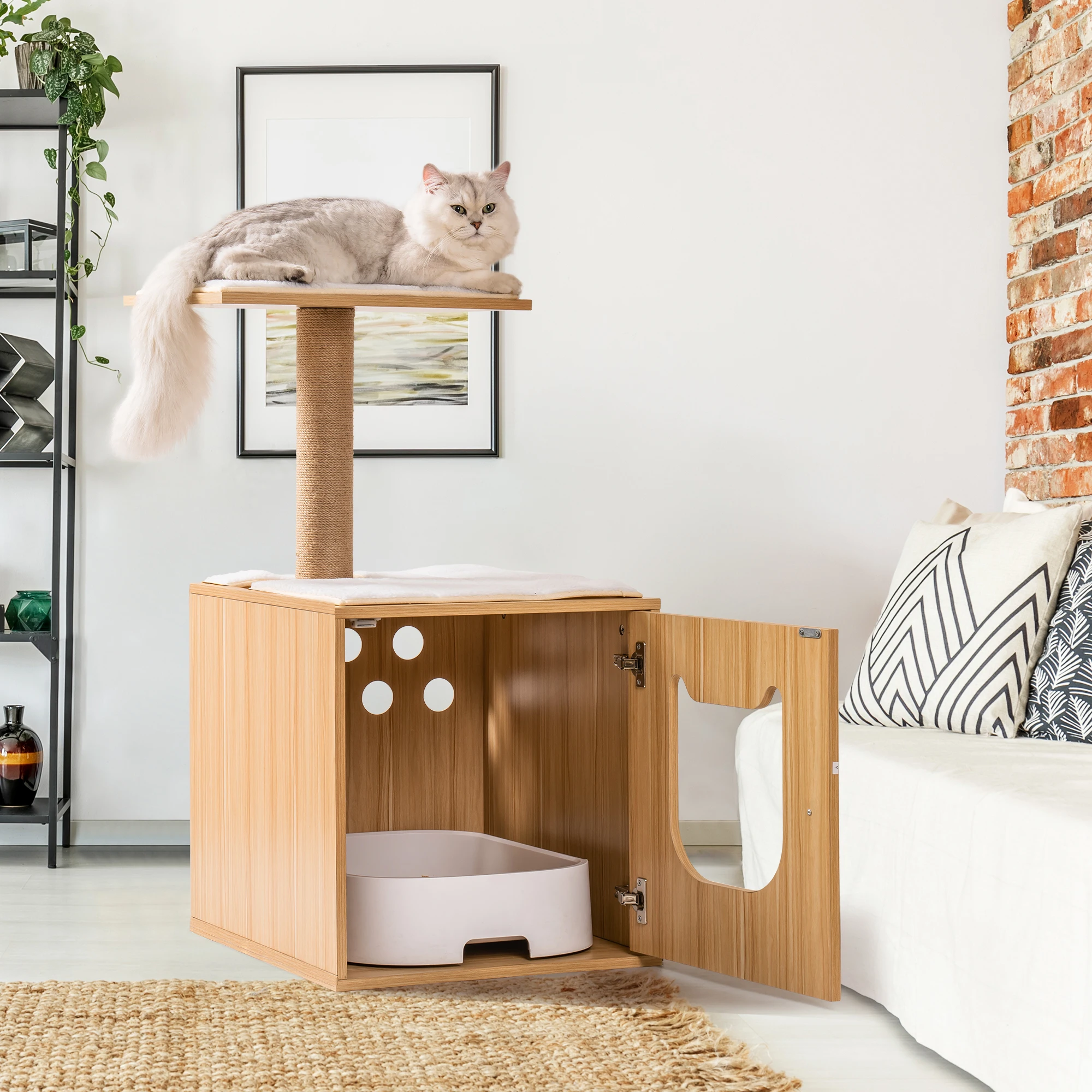 MEWOOFUN Wooden Cat House with Cat Bed Hidden Cat Washroom Furniture Cat Tree with Scratching Post Cat Litter Box Enclosure 6