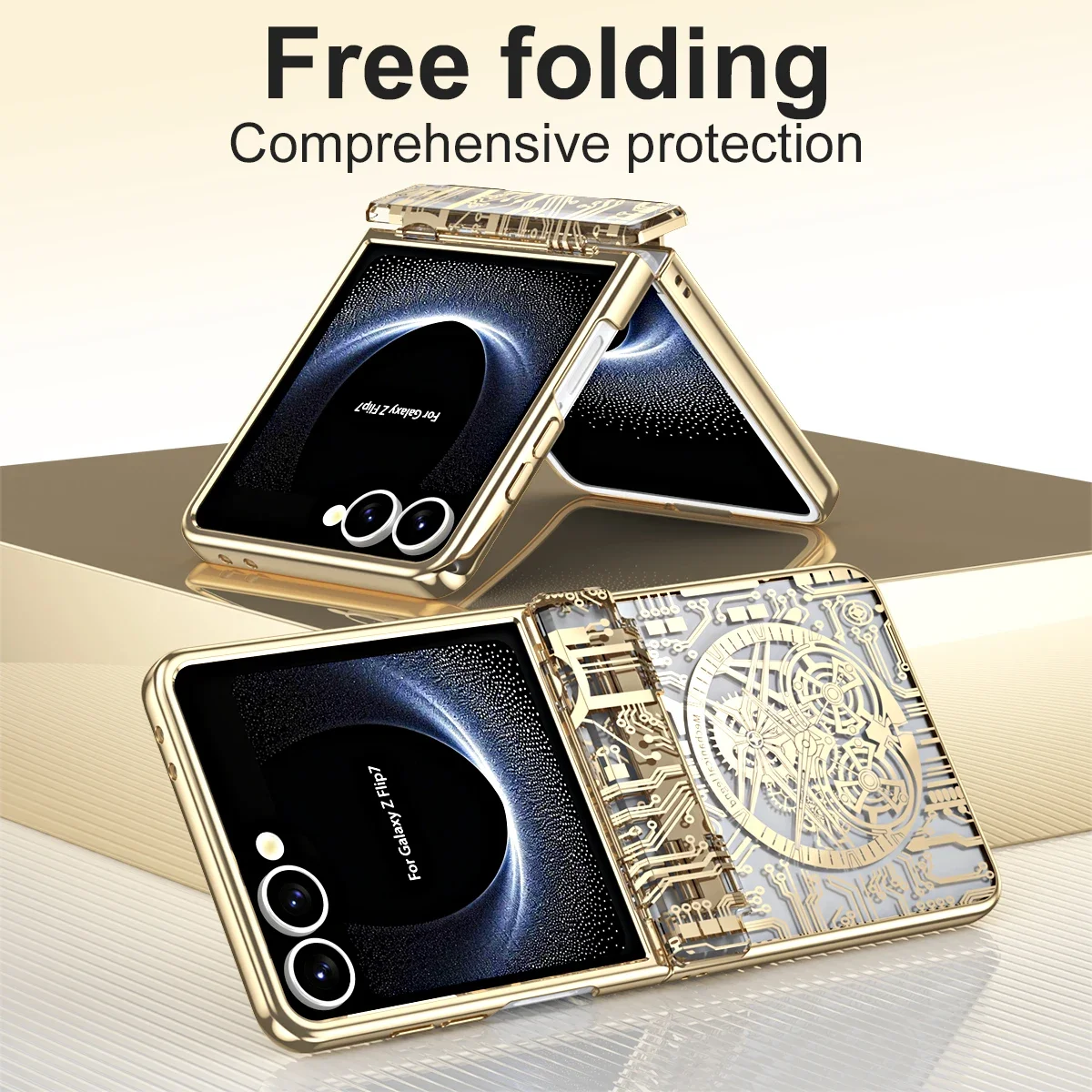 Luxury Electroplate Mechanical Style Phone Case with Hinge Protection and Anti-Drop Clear Cover