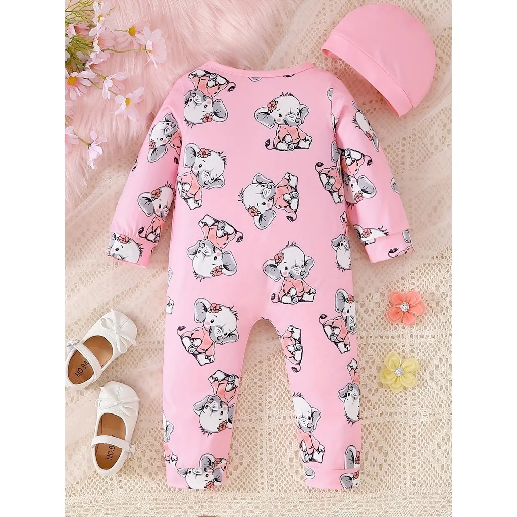 0-24 Months Newborn Baby Girl 2PCS Clothes Set Long Sleeve Elephant Romper+Hat Autumn Fashion Cute Toddler Girl Photograp Outfit 5