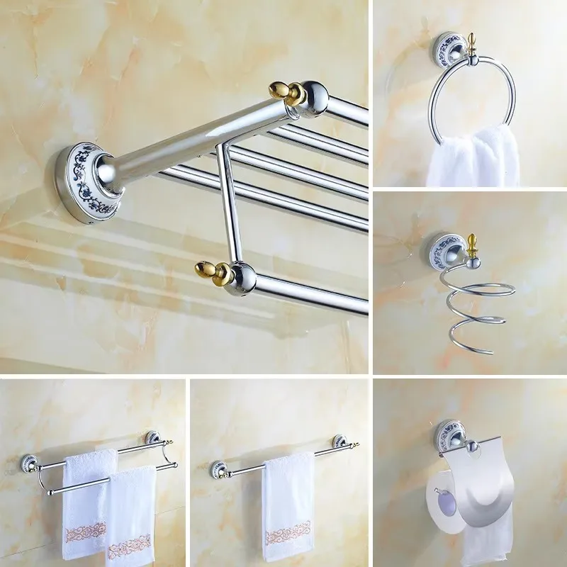 หรูหราชุดอุปกรณ์ห้องน้ำทองเหลืองฮาร์ดแวร์ Bath ชุดสีฟ้าสีขาวและสีขาวติดผนังชั้นวางผ้าเช็ดตัวที่ยึดกระดาษตะขอ 1