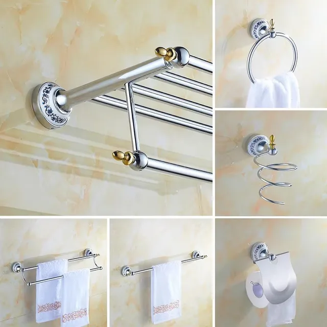 หรูหราชุดอุปกรณ์ห้องน้ำทองเหลืองฮาร์ดแวร์ Bath ชุดสีฟ้าสีขาวและสีขาวติดผนังชั้นวางผ้าเช็ดตัวที่ยึดกระดาษตะขอ 1
