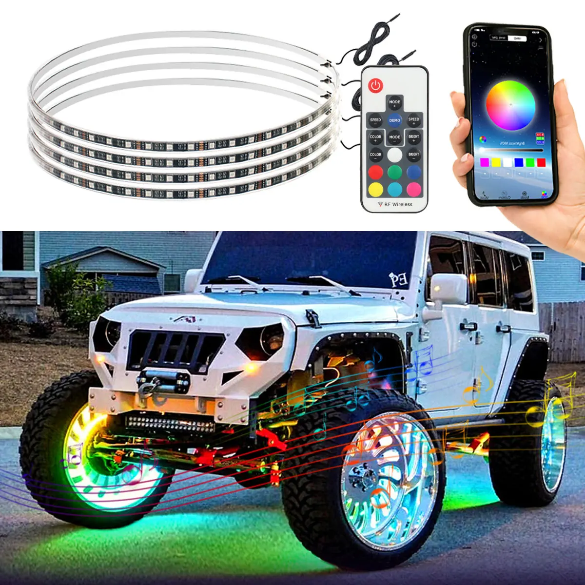 

4 шт. RGB украшение для автомобильной ступицы для 15,5 дюймового колеса дистанционное управление через приложение водонепроницаемое колесо декоративная лента атмосферная лампа