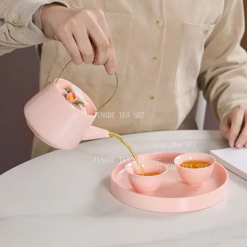 Handcrafted Pink Flower Tea Set High Appearance Lovely Ceramic Teapot and Cup Set Customized Ball Hole Filter Tea Infuser