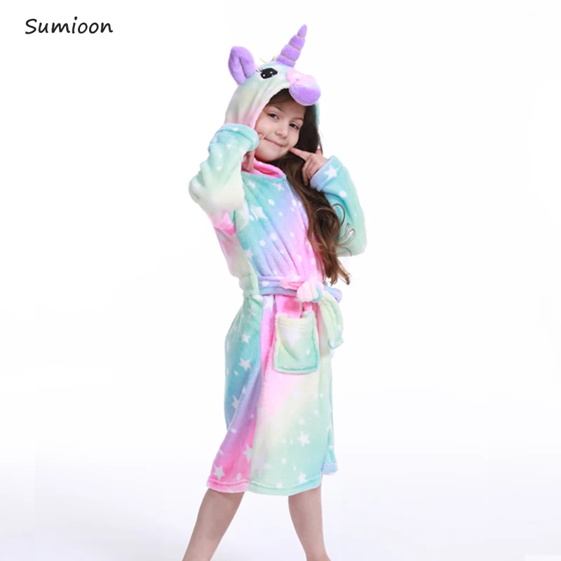Winter Kids Bathrobe Animal Cartoon Unicorn Bath Robe Cute Hooded Bathrobes For Children Flannel Pajamas Boys Girls Robes