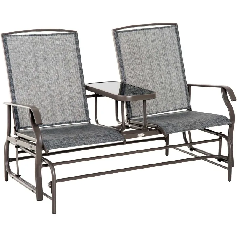 

Outdoor Glider Bench with Center Table, Metal Frame Patio Loveseat with Breathable Mesh Fabric and Armrests