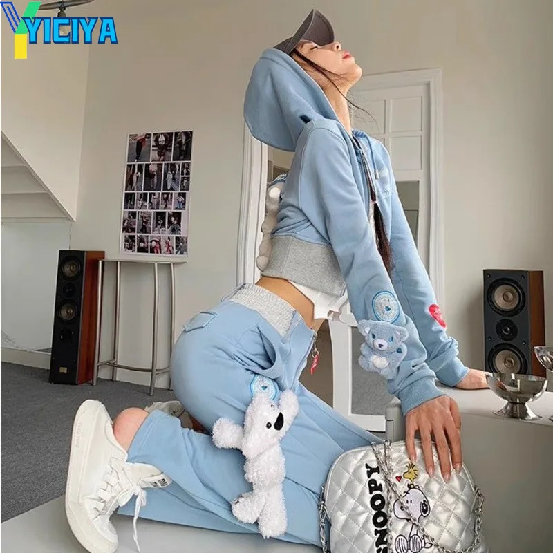 

YICIYA blue pant sets y2k pants suit hooded sweashirts Track suit women suit Two-piece sets fashion new outfits 2024 sportwear