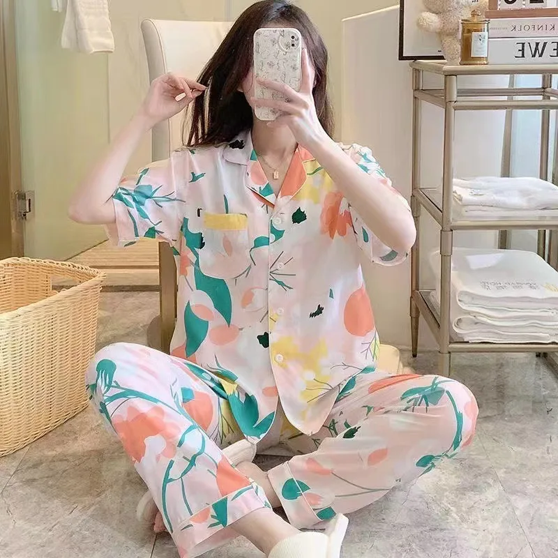 Spring Autumn Women's Milk Silk Pajamas Short Sleeve Cardigan Pants Loose Home Clothing Set Girl Cartoon Sweet Cute Sleepwear