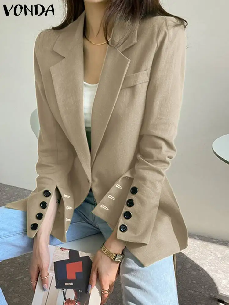 VONDA Women Casual Office Blazer 2023 Autumn Elegant Blazer Long Sleeve Lapel Collar One Button Coats Loose Solid Color Tops