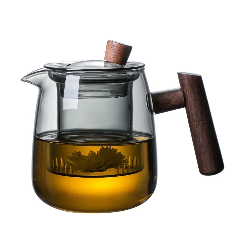 Glass teapot, wooden handle, Chinese tea ceremony, transparent tea set, cup filter, high borosilicate Japanese pot