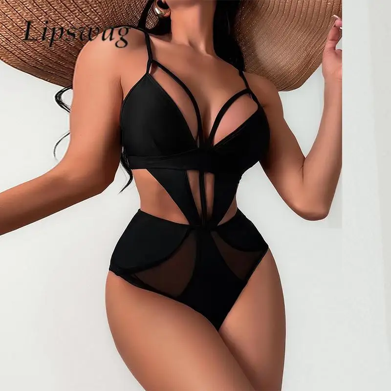 

Sexy Hollow Out Gauze One-piece Swimsuit Women Low Cut Solid Color Monokini Tankini Summer High Cut Push Up Bathing Suit Bather