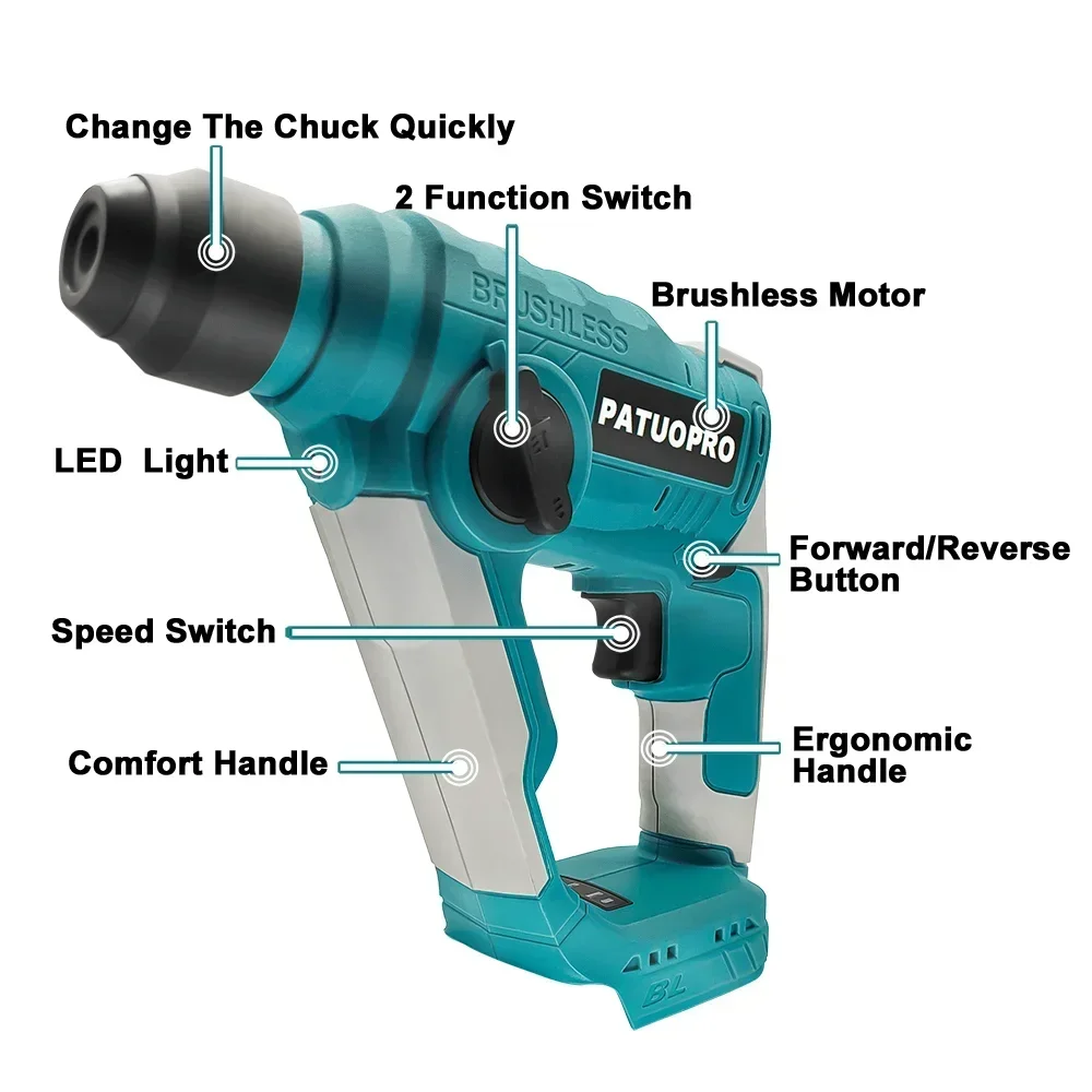 20MM Brushless Electric Rotary Hammer Drill Rechargeable Cordless Electric Hammer Home Repair Power Tools For Makita 18V Battery 3