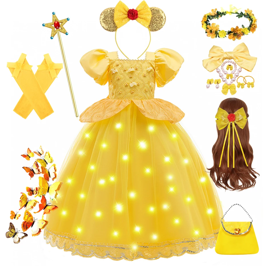 Disney-Robe de Rhprincesse Pepper pour enfants, jupe gonflée en maille jaune, costume d'Halloween, robe de fleur de mariage, carnaval d'enfant, fête d'anniversaire