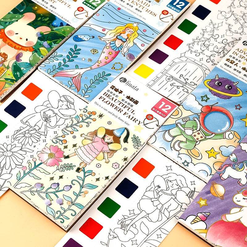 Watercolor Coloring Book Paint Set Pigment Brush Children Diy Bookmark Supplies 5 Colors 12Sheet watercolor painting set,watercolor paint,watercolor pigment