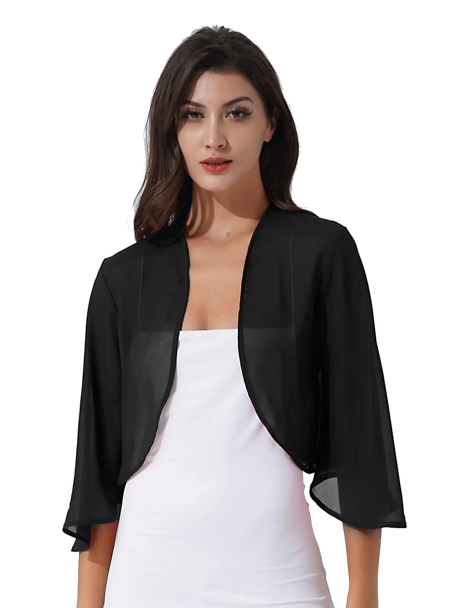 thumbnail image 1 of Chales tipo pareo para mujer, cárdigan de gasa de manga 3/4, chaqueta Bolero, vestido de novia para fiesta de boda, chaqueta abierta de manga corta, Tops, 1 of 5