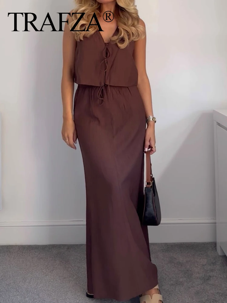 TRAFZA Elegant Women 2 Piece Set V-Neck Sleeveless Lace Up Texture Vest Top+Chic High Waist Drawstring Side Pockets Skirt TRAF