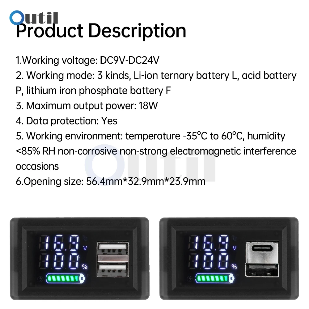DC 9-24V Digital Voltmeter USB+Type-C Dual-interface Lithium Battery Capacity Display Meter ZFX-3079 LED Battery Display Voltmet 2