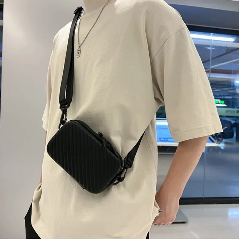 

Simple Lightweight Box Bag Unisex Trendy Diagonal Striped Shoulder Bag Soft PU Leather pressed shell Men's Messenger Bag