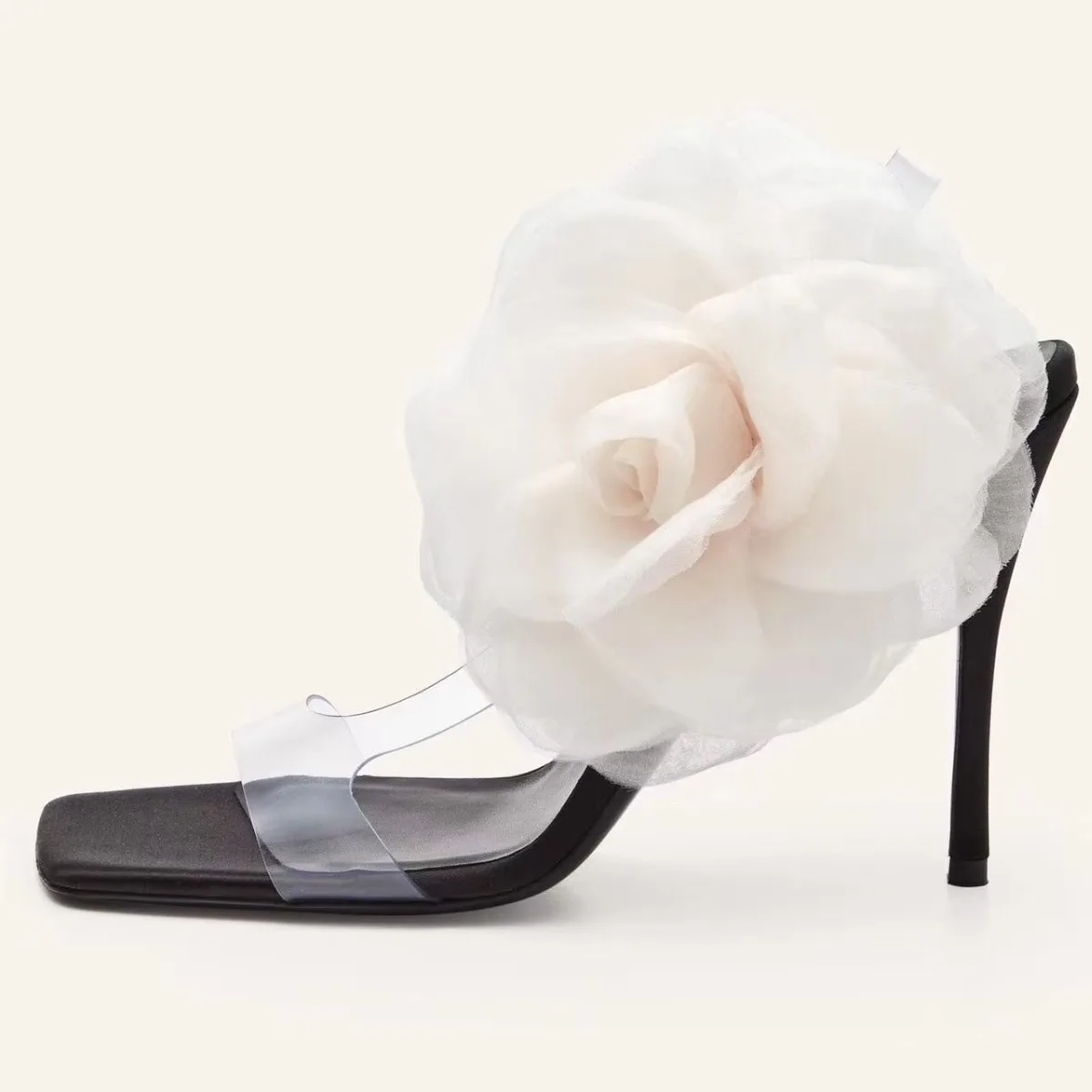 European and American Lace Flower Slim Heel Sandals, Transparent Square Toe Open Toe High Heels, Banquet Runway High Heels