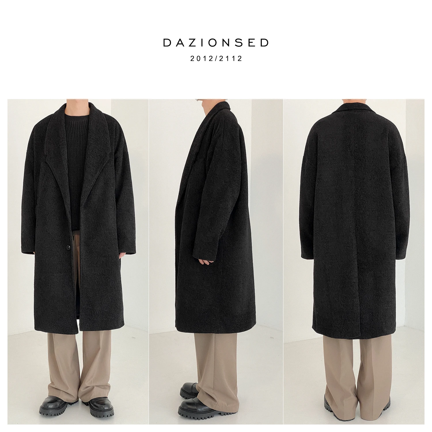 Description Picture 2 of itemSpring and Autumn Long Oversized Coat Men Long Sleeve Single Breasted Loose Casual Korean Fashion Wool Blends Coats H97