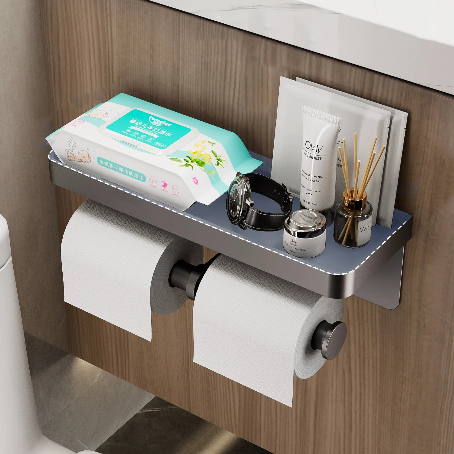 Aluminum Alloy Toilet Roll Holder Wall-Mounted No Drilling Bathroom Kitchen