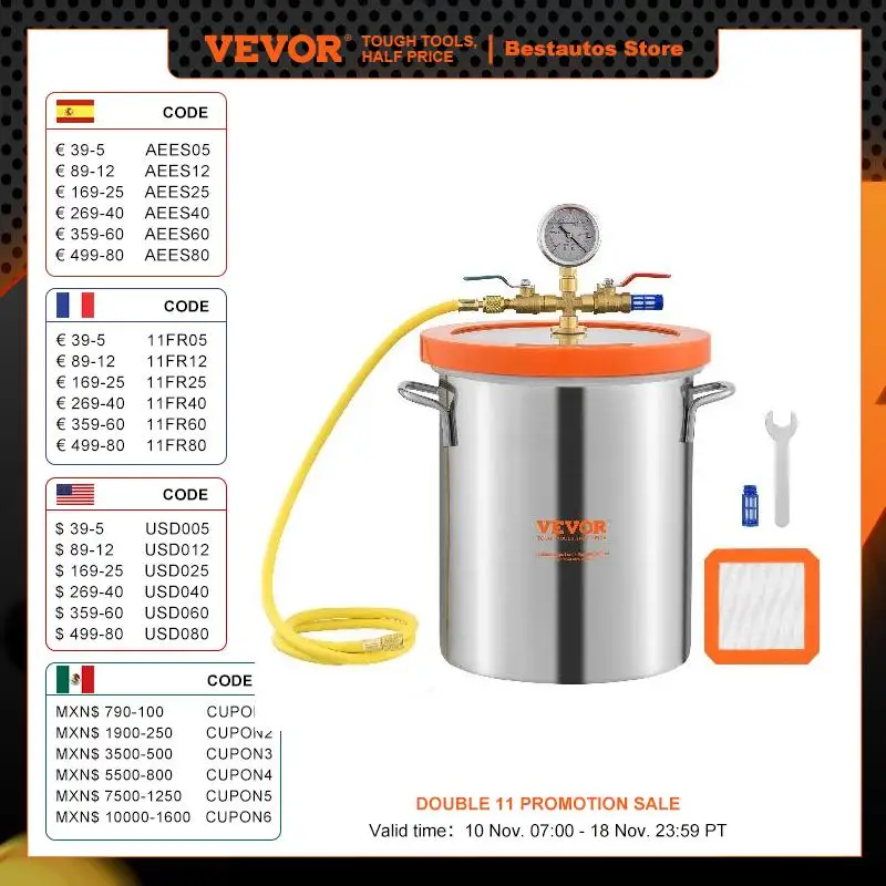 Electric Vacuum Pump VEVOR 3/5 Gallon Upgraded Tempered Glass Lid Vacuum Degassing Chamber 304 Stainless Steel for Stabilizing Wood, Resin Degassing