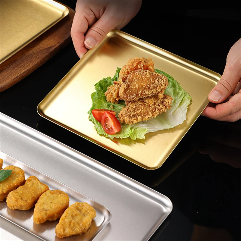 Silver Gold Stainless Steel Serving Plate Restaurant BBQ Skewers Sushi Tray Large Shallow Tray Food Storage Plates For Kitchen 2