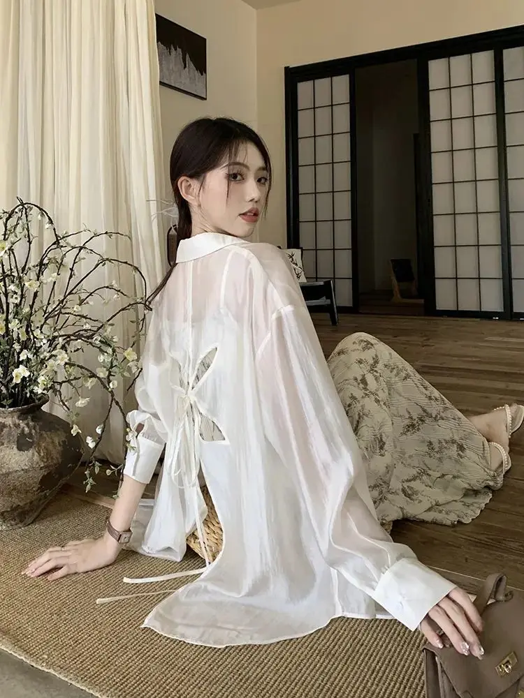 New Womens Tops Sunscreen Shirt Back Hollowed Out Design Sense Back Tie Versatile Shirt Female Summer Thin Coat Loose Blouse
