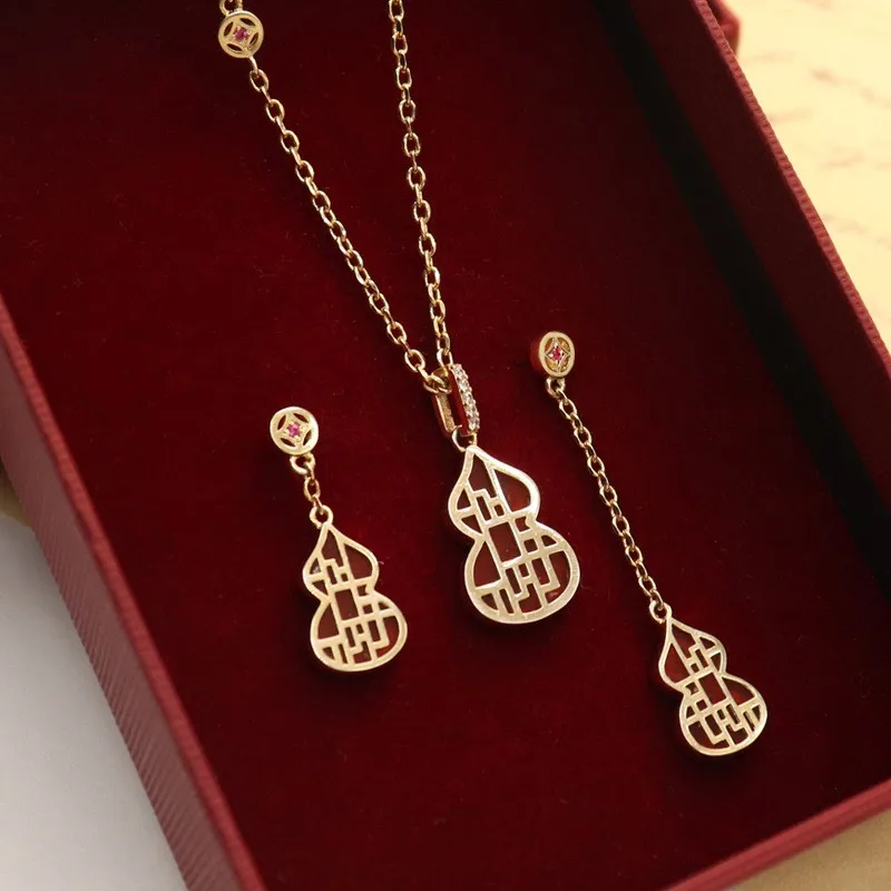 

New Ping An Fu Gourd Pendant Necklace Ear Studs Bracelet Three piece Set of Advanced Red Agate Jewelry Set